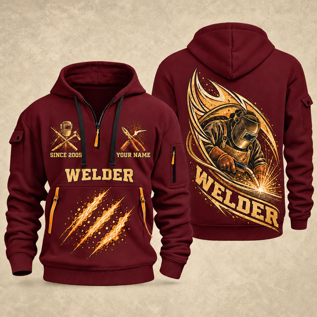 Welder Arc Flame Crest quarter-zip hoodie in Wine Red, front and back, YOUR NAME and SINCE 2005 artwork