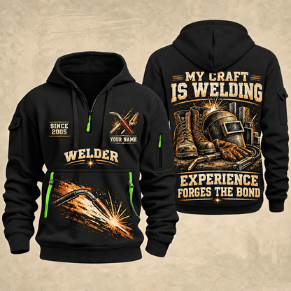 Welder Craft Never Ends quarter-zip hoodie in Black, front and back, YOUR NAME and SINCE 2005 artwork
