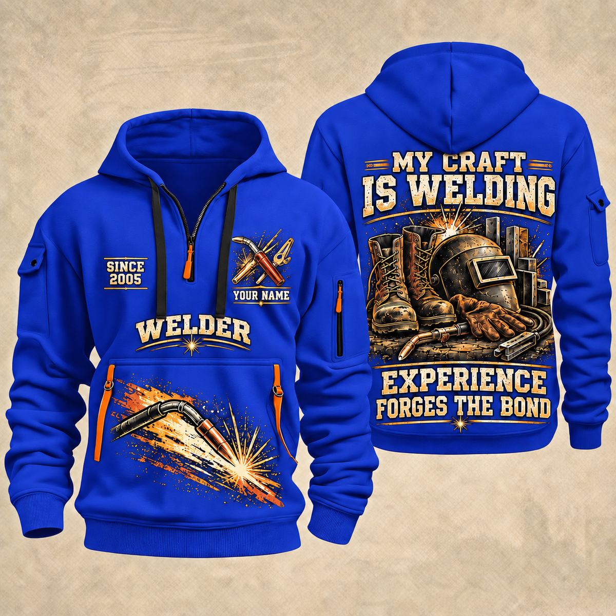 Welder Craft Never Ends quarter-zip hoodie in Blue, front and back, YOUR NAME and SINCE 2005 artwork