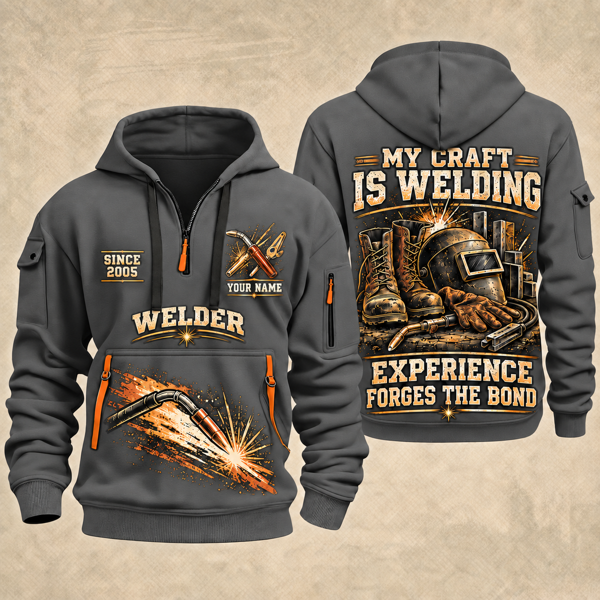 Welder Craft Never Ends quarter-zip hoodie in Gray, front and back, YOUR NAME and SINCE 2005 artwork