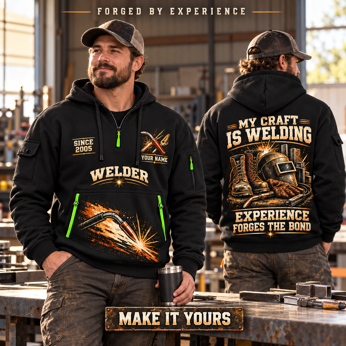 Welder wearing Craft Never Ends quarter-zip hoodie in their workplace; product introduction and shopping call to action