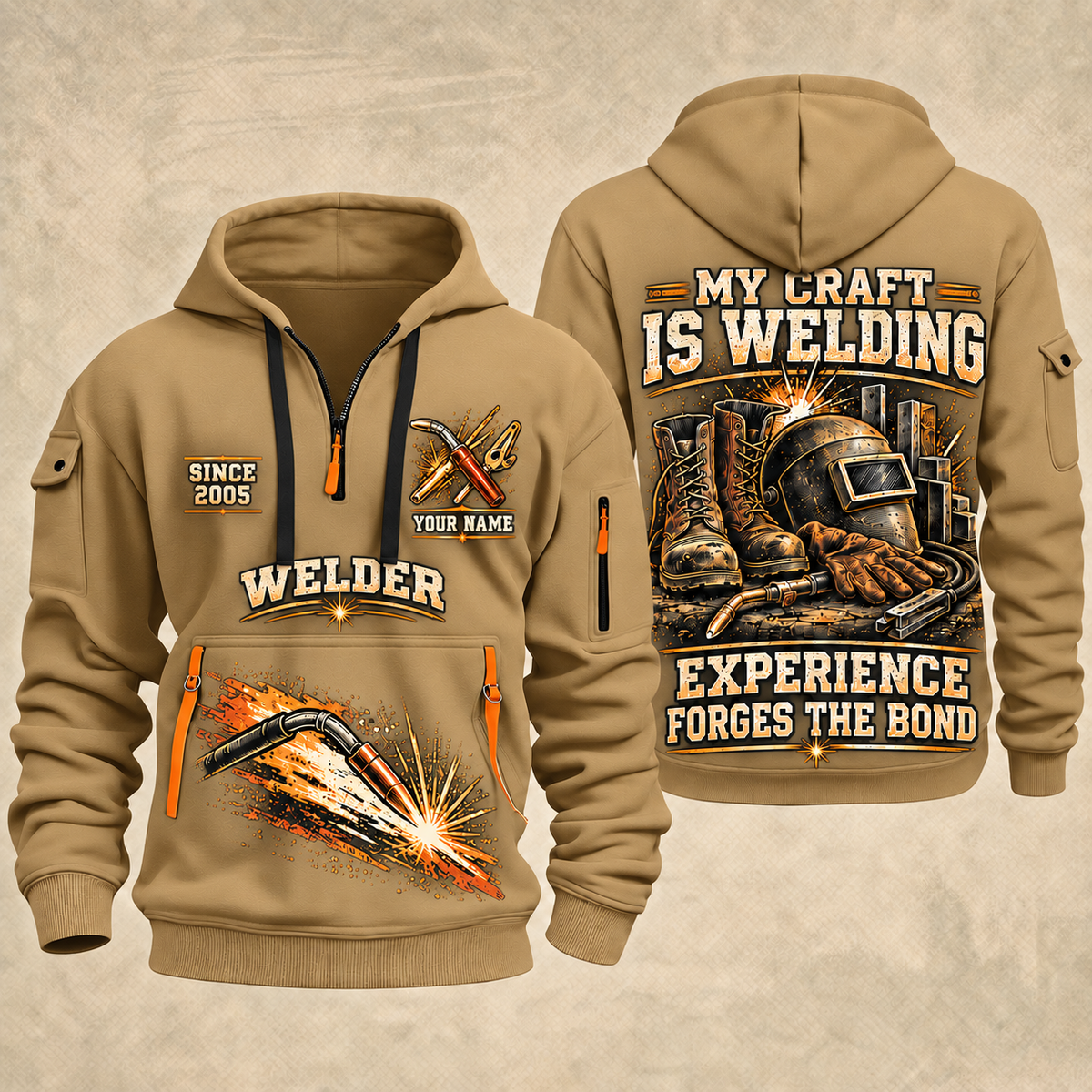 Welder Craft Never Ends quarter-zip hoodie in Khaki, front and back, YOUR NAME and SINCE 2005 artwork