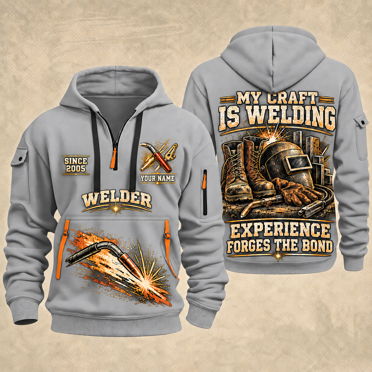 Welder Craft Never Ends quarter-zip hoodie in Light Grey, front and back, YOUR NAME and SINCE 2005 artwork