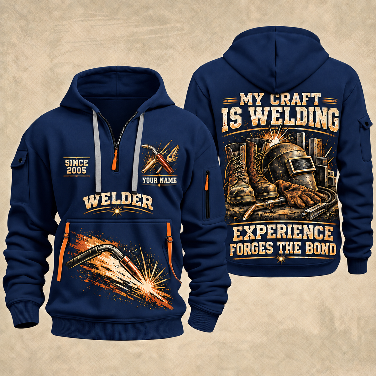 Welder Craft Never Ends quarter-zip hoodie in Navy, front and back, YOUR NAME and SINCE 2005 artwork