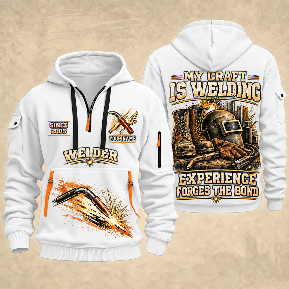 Welder Craft Never Ends quarter-zip hoodie in White, front and back, YOUR NAME and SINCE 2005 artwork