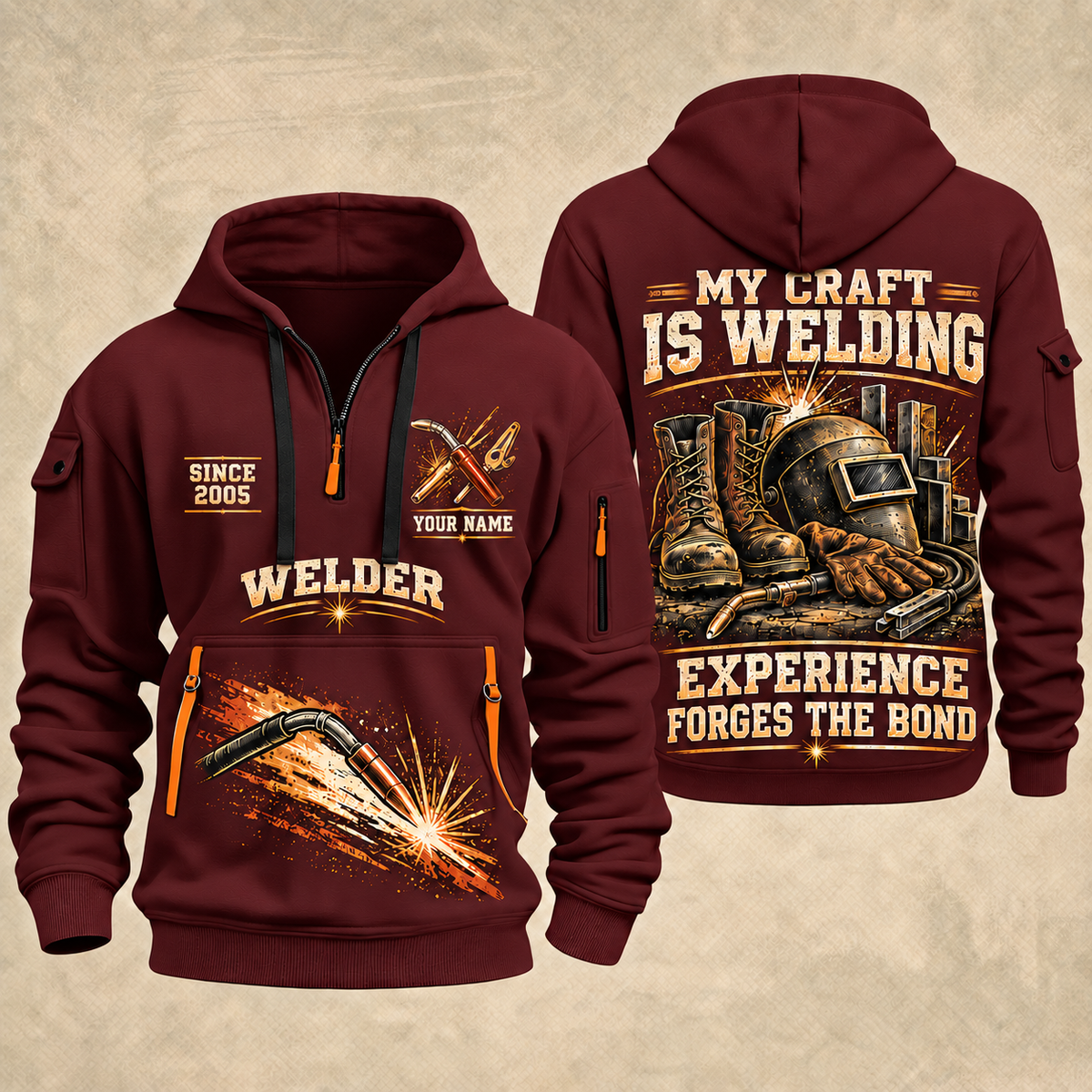 Welder Craft Never Ends quarter-zip hoodie in Wine Red, front and back, YOUR NAME and SINCE 2005 artwork