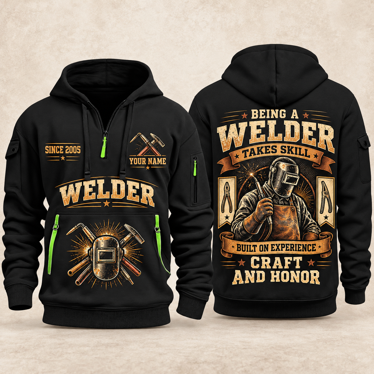 Welder Craft and Honor quarter-zip hoodie in Black, front and back, YOUR NAME and SINCE 2005 artwork