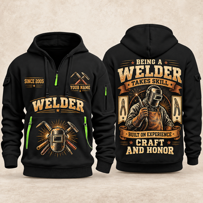 Welder Craft and Honor quarter-zip hoodie in Black, front and back, YOUR NAME and SINCE 2005 artwork