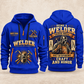 Welder Craft and Honor quarter-zip hoodie in Blue, front and back, YOUR NAME and SINCE 2005 artwork