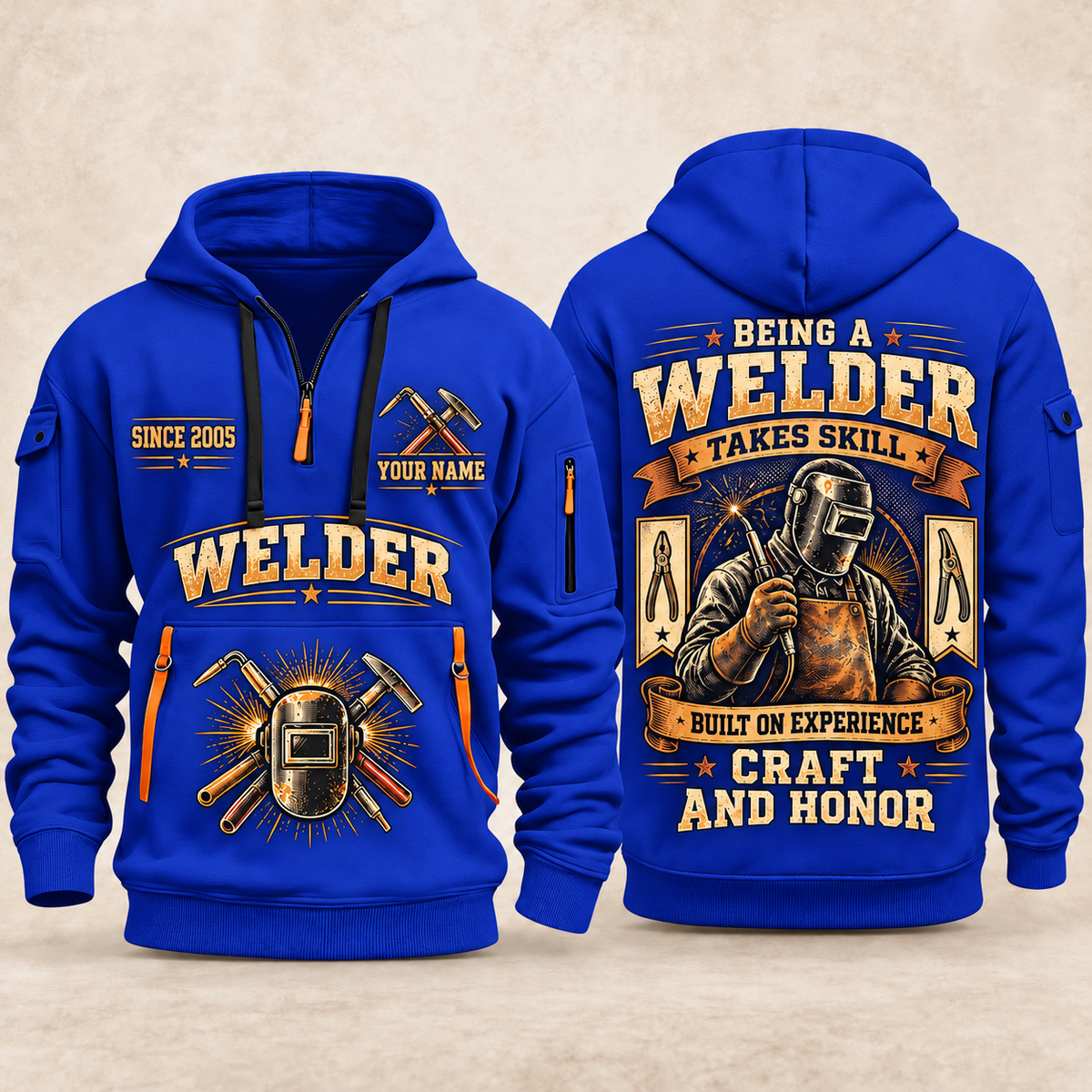 Welder Craft and Honor quarter-zip hoodie in Blue, front and back, YOUR NAME and SINCE 2005 artwork