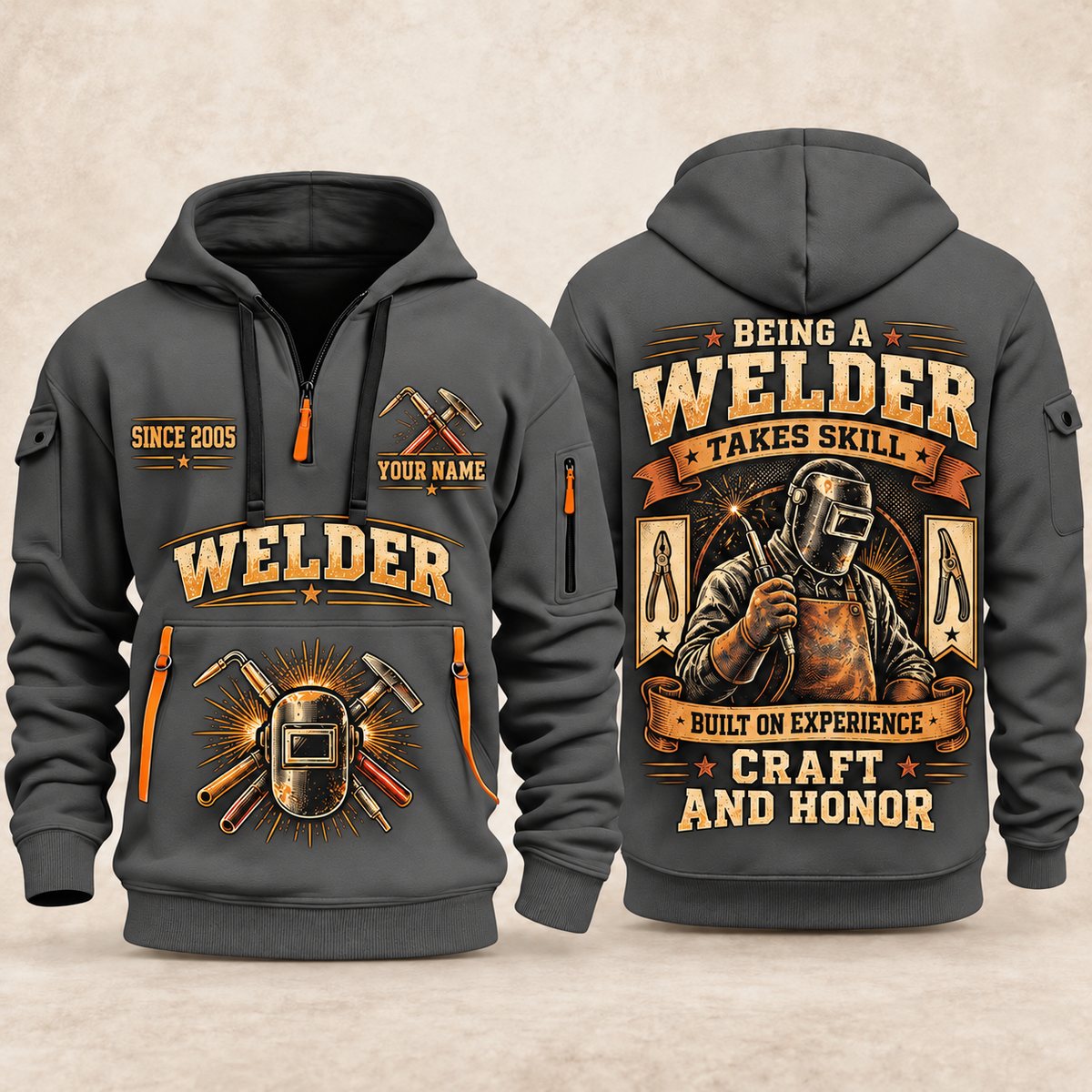 Welder Craft and Honor quarter-zip hoodie in Gray, front and back, YOUR NAME and SINCE 2005 artwork