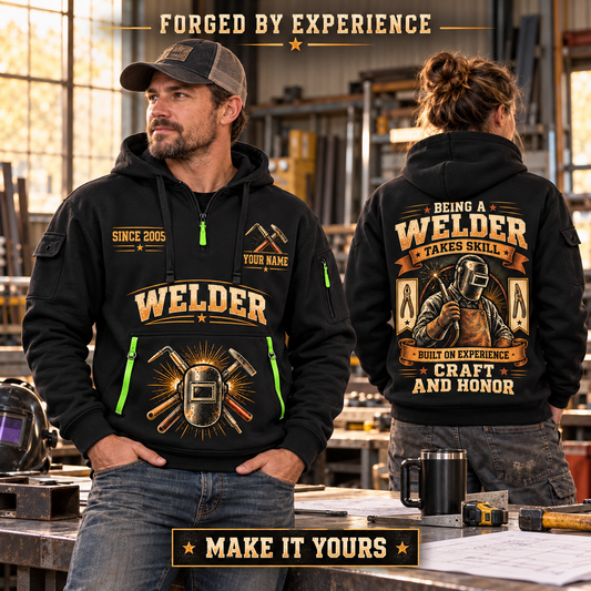 Welder wearing Craft and Honor quarter-zip hoodie in their workplace; product introduction and shopping call to action