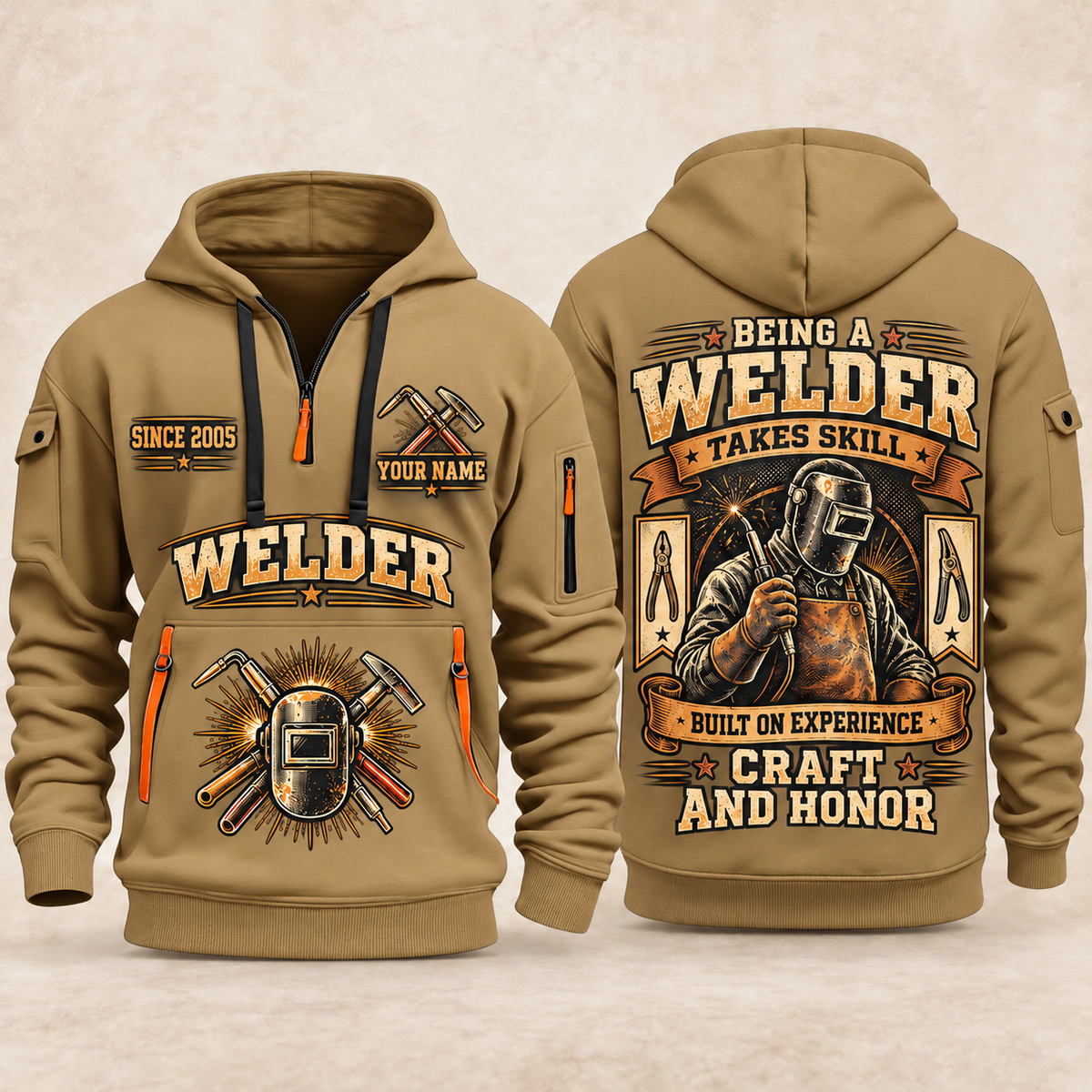 Welder Craft and Honor quarter-zip hoodie in Khaki, front and back, YOUR NAME and SINCE 2005 artwork