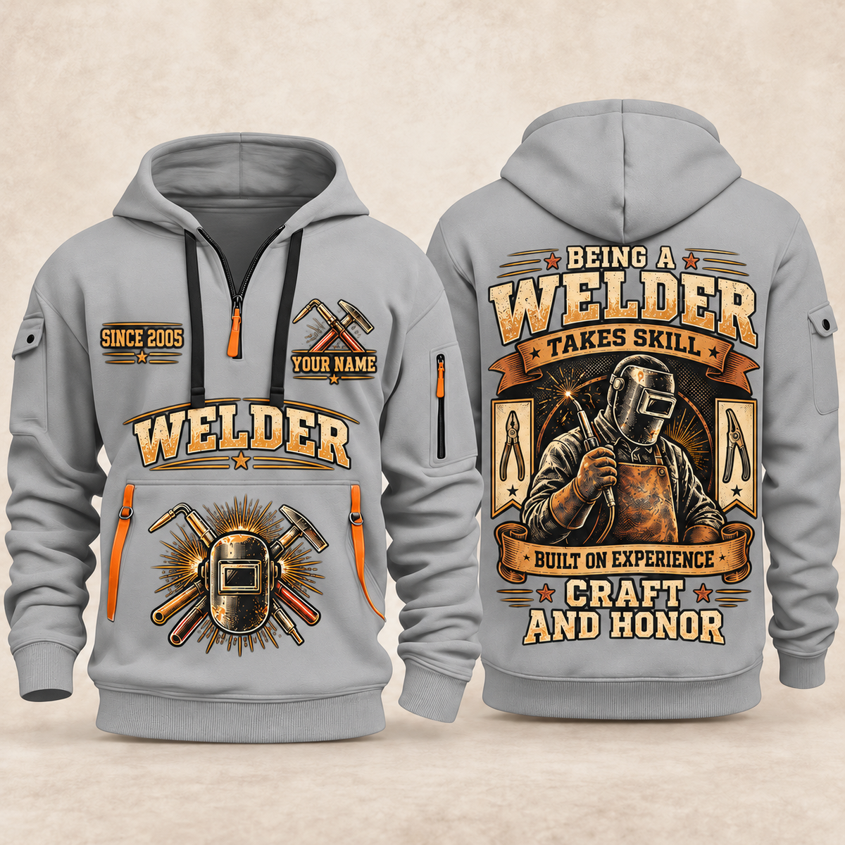 Welder Craft and Honor quarter-zip hoodie in Light Grey, front and back, YOUR NAME and SINCE 2005 artwork