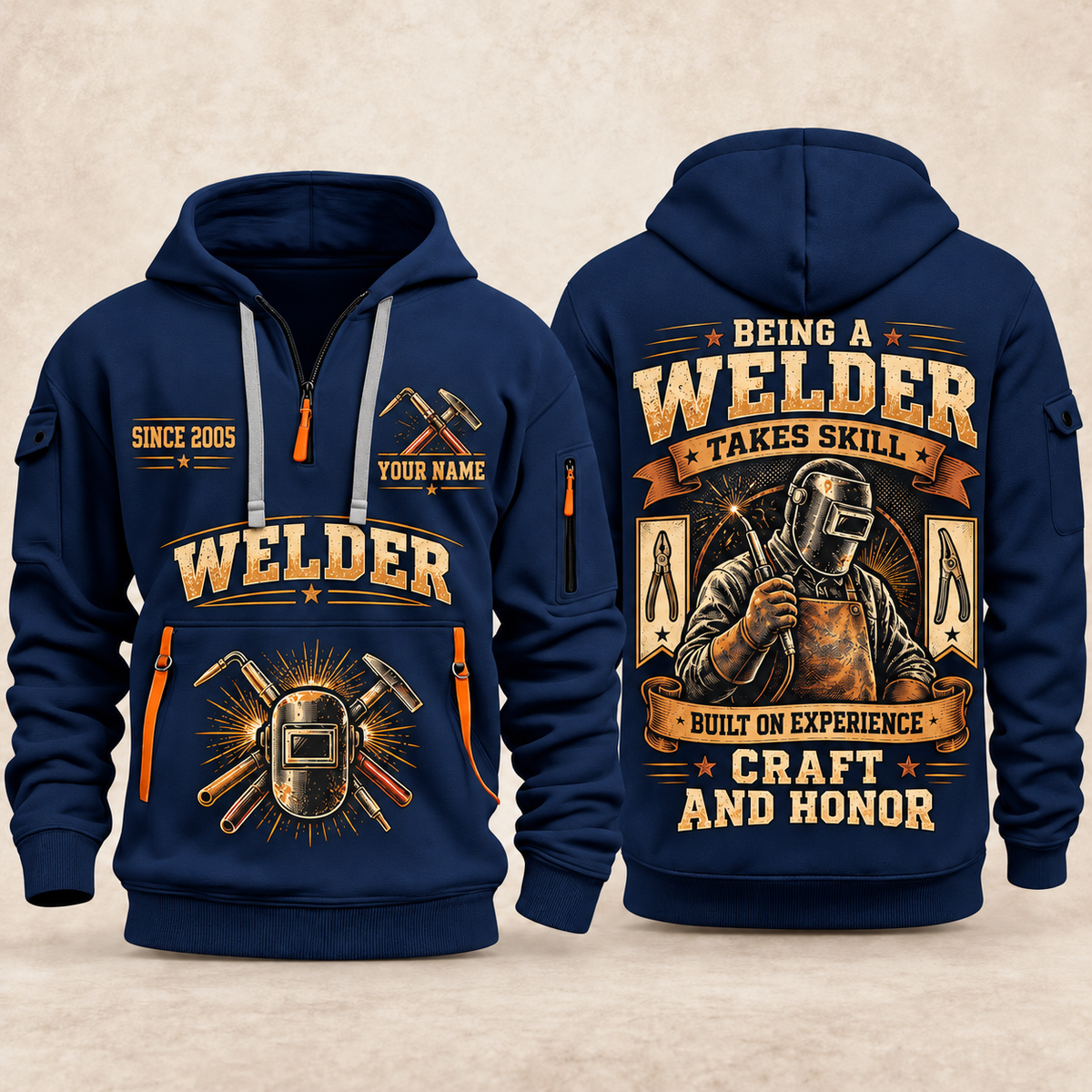 Welder Craft and Honor quarter-zip hoodie in Navy, front and back, YOUR NAME and SINCE 2005 artwork