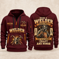 Welder Craft and Honor quarter-zip hoodie in Wine Red, front and back, YOUR NAME and SINCE 2005 artwork