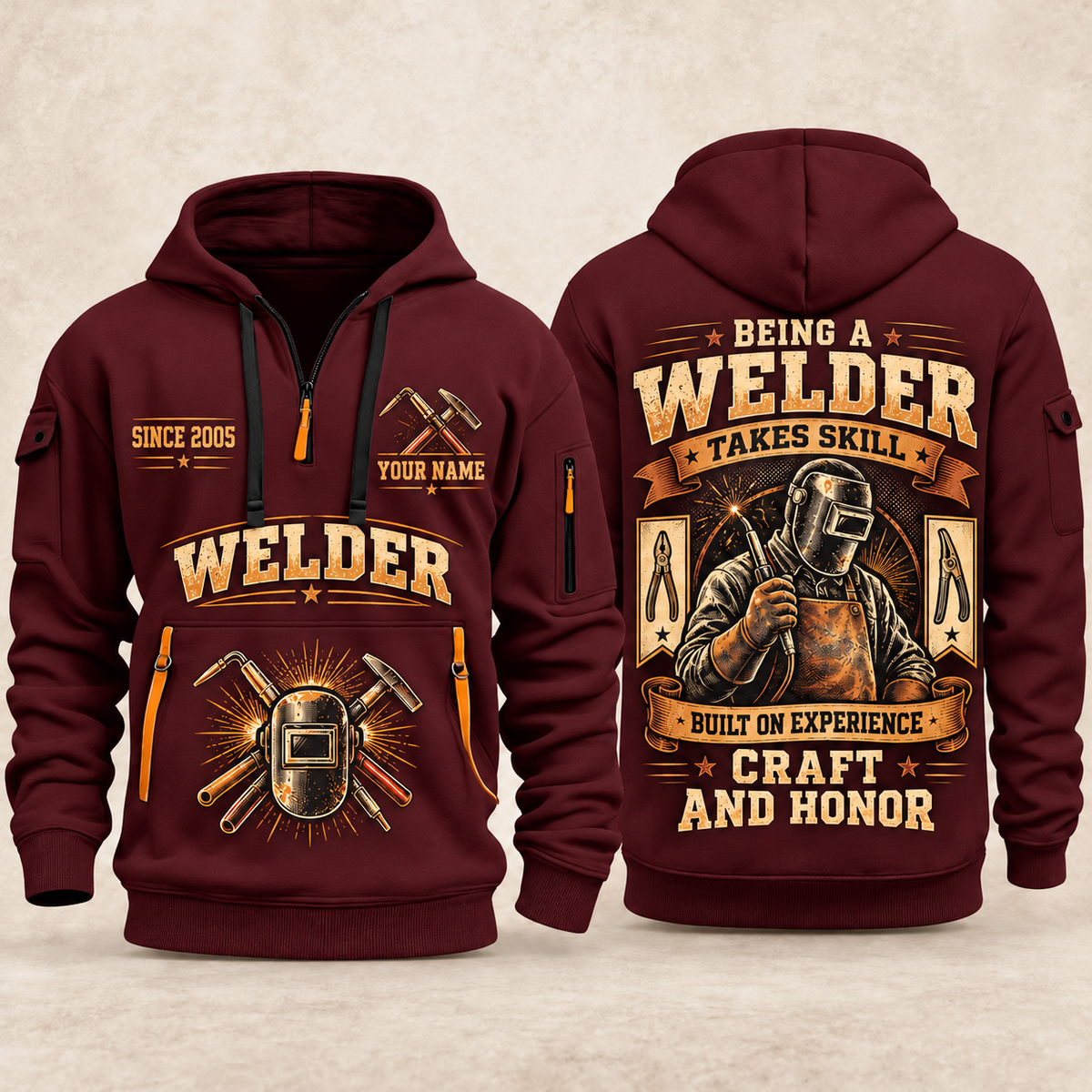 Welder Craft and Honor quarter-zip hoodie in Wine Red, front and back, YOUR NAME and SINCE 2005 artwork