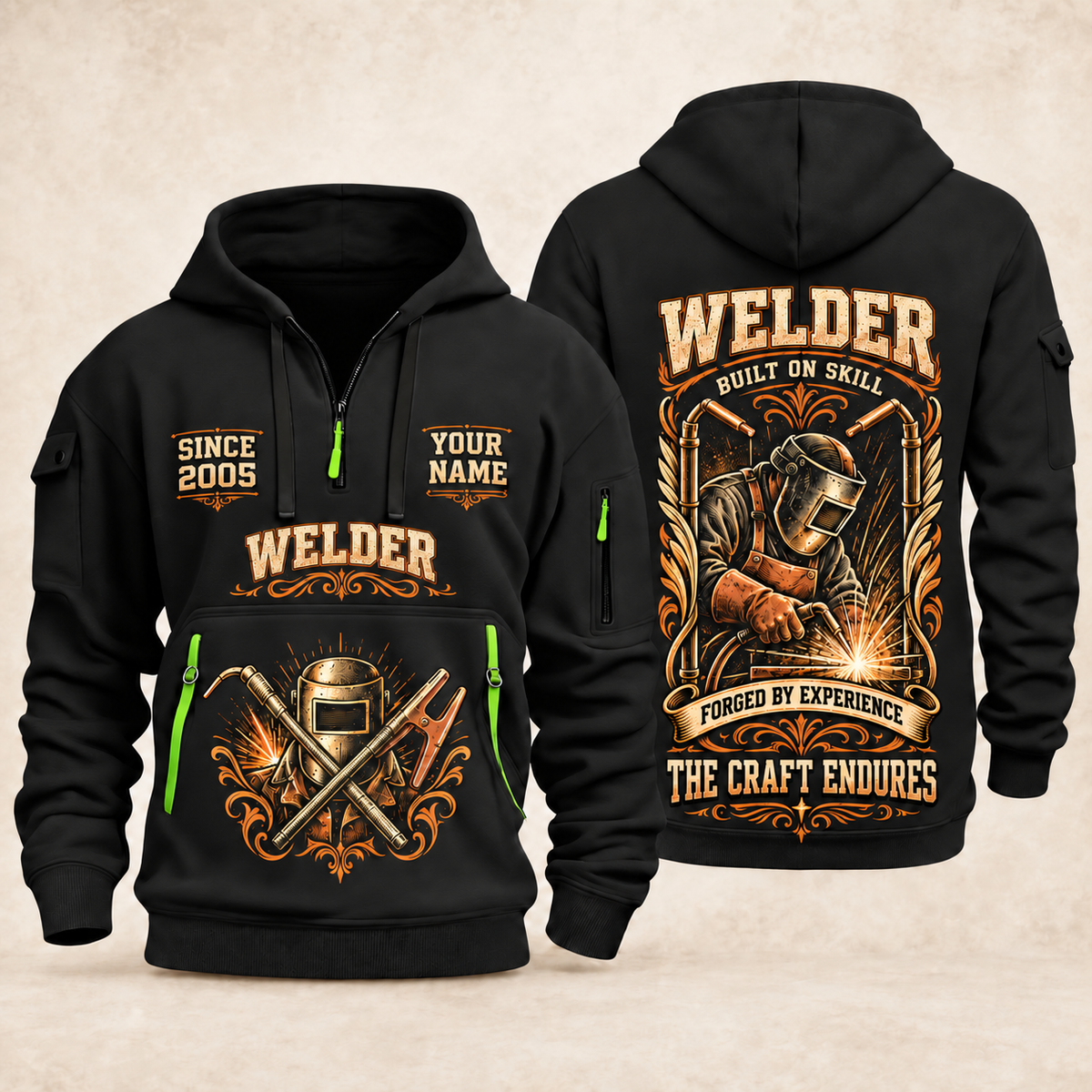 Welder Torch Wings Legacy quarter-zip hoodie in Black, front and back, YOUR NAME and SINCE 2005 artwork