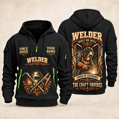 Welder Torch Wings Legacy quarter-zip hoodie in Black, front and back, YOUR NAME and SINCE 2005 artwork
