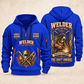 Welder Torch Wings Legacy quarter-zip hoodie in Blue, front and back, YOUR NAME and SINCE 2005 artwork
