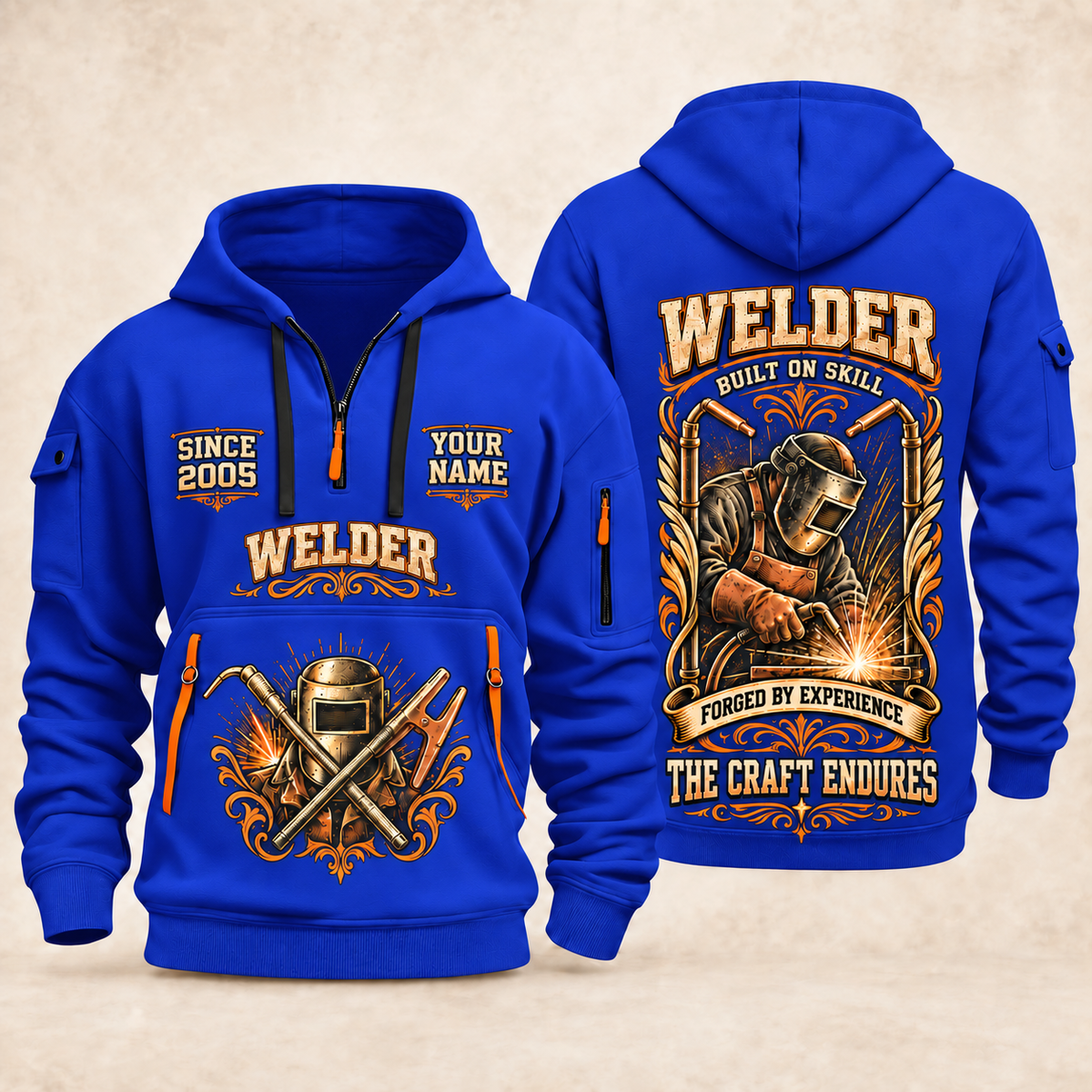 Welder Torch Wings Legacy quarter-zip hoodie in Blue, front and back, YOUR NAME and SINCE 2005 artwork
