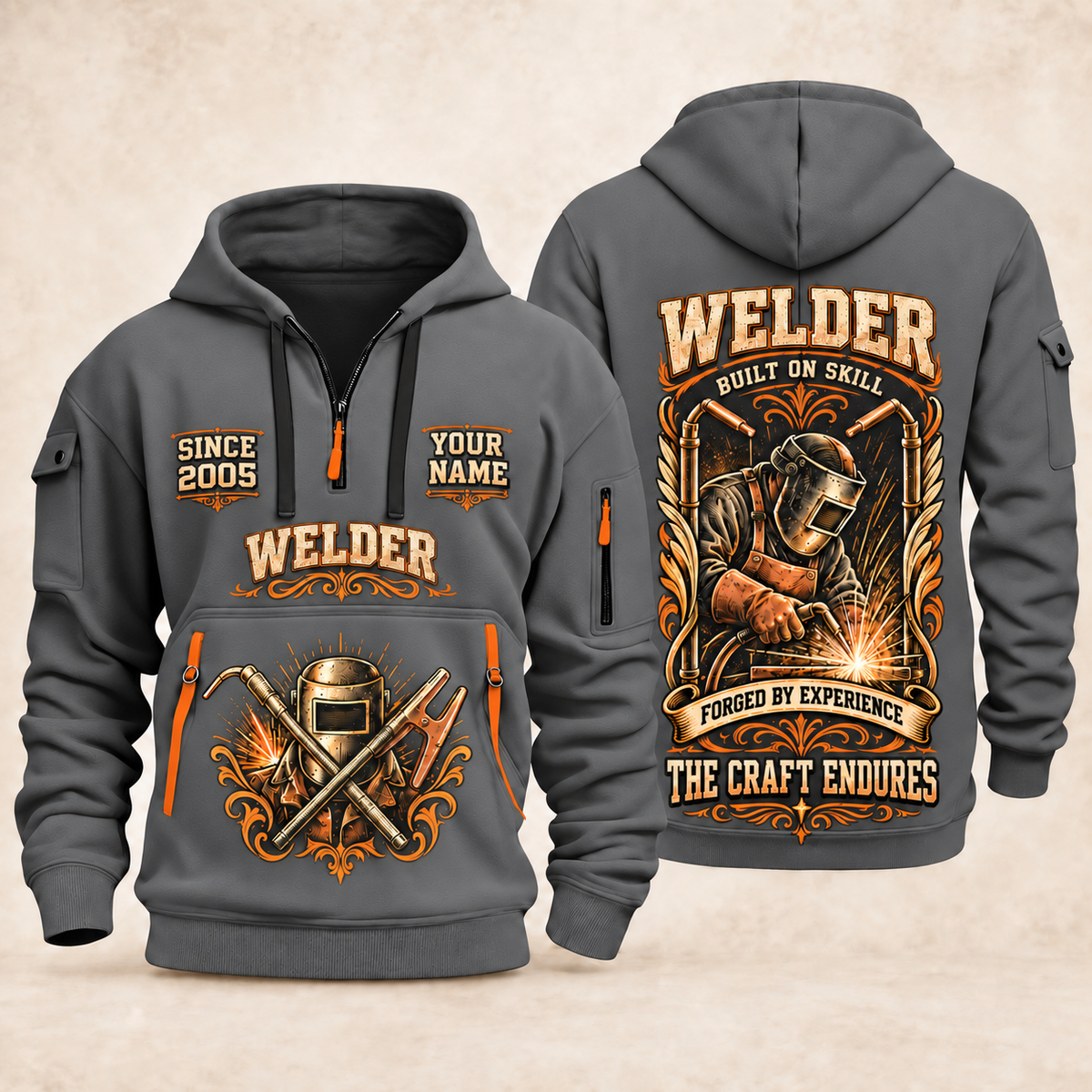 Welder Torch Wings Legacy quarter-zip hoodie in Gray, front and back, YOUR NAME and SINCE 2005 artwork