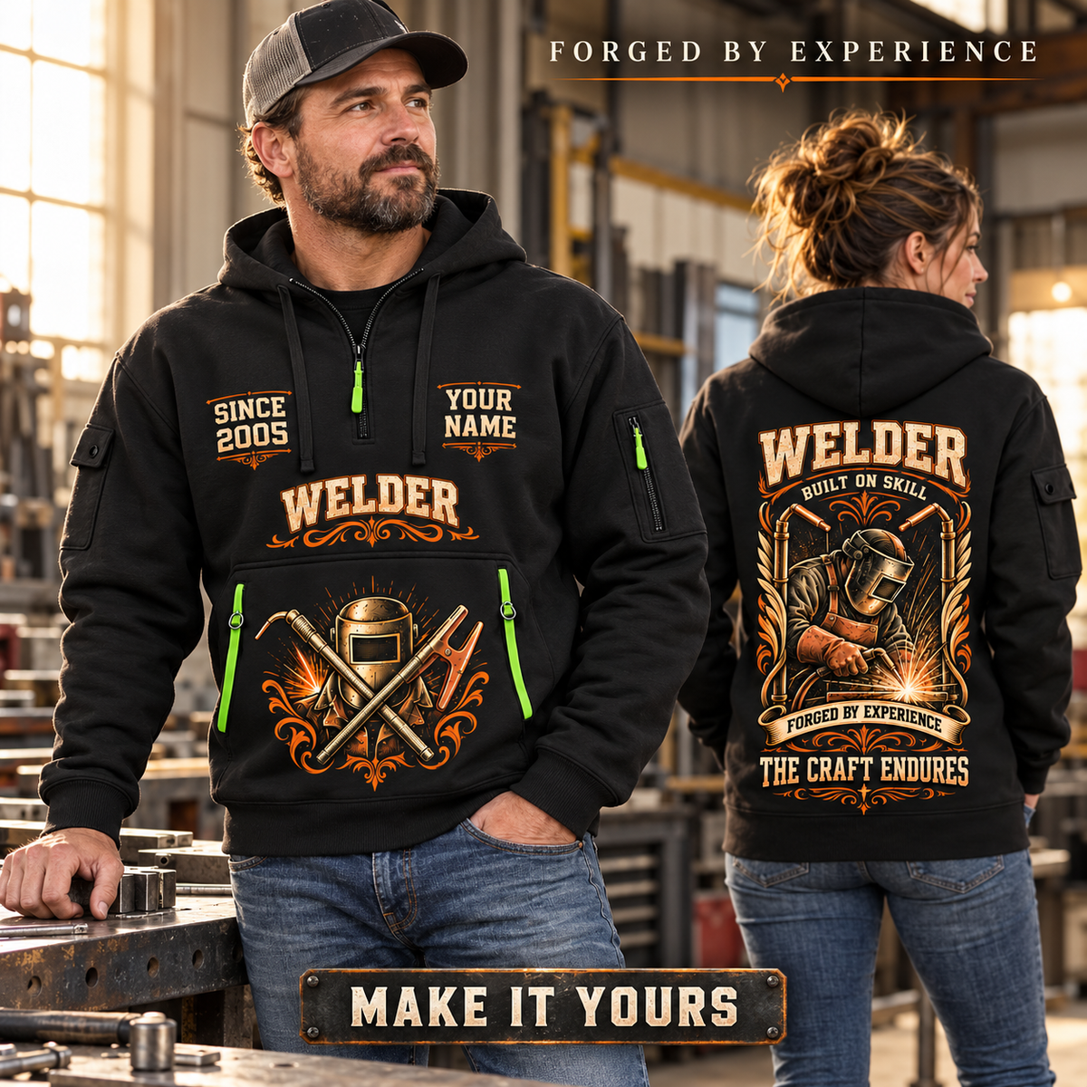 Welder wearing Torch Wings Legacy quarter-zip hoodie in their workplace; product introduction and shopping call to action