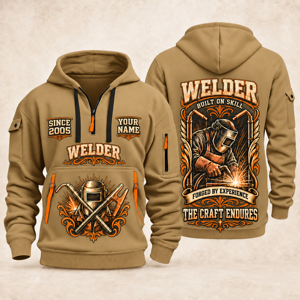 Welder Torch Wings Legacy quarter-zip hoodie in Khaki, front and back, YOUR NAME and SINCE 2005 artwork