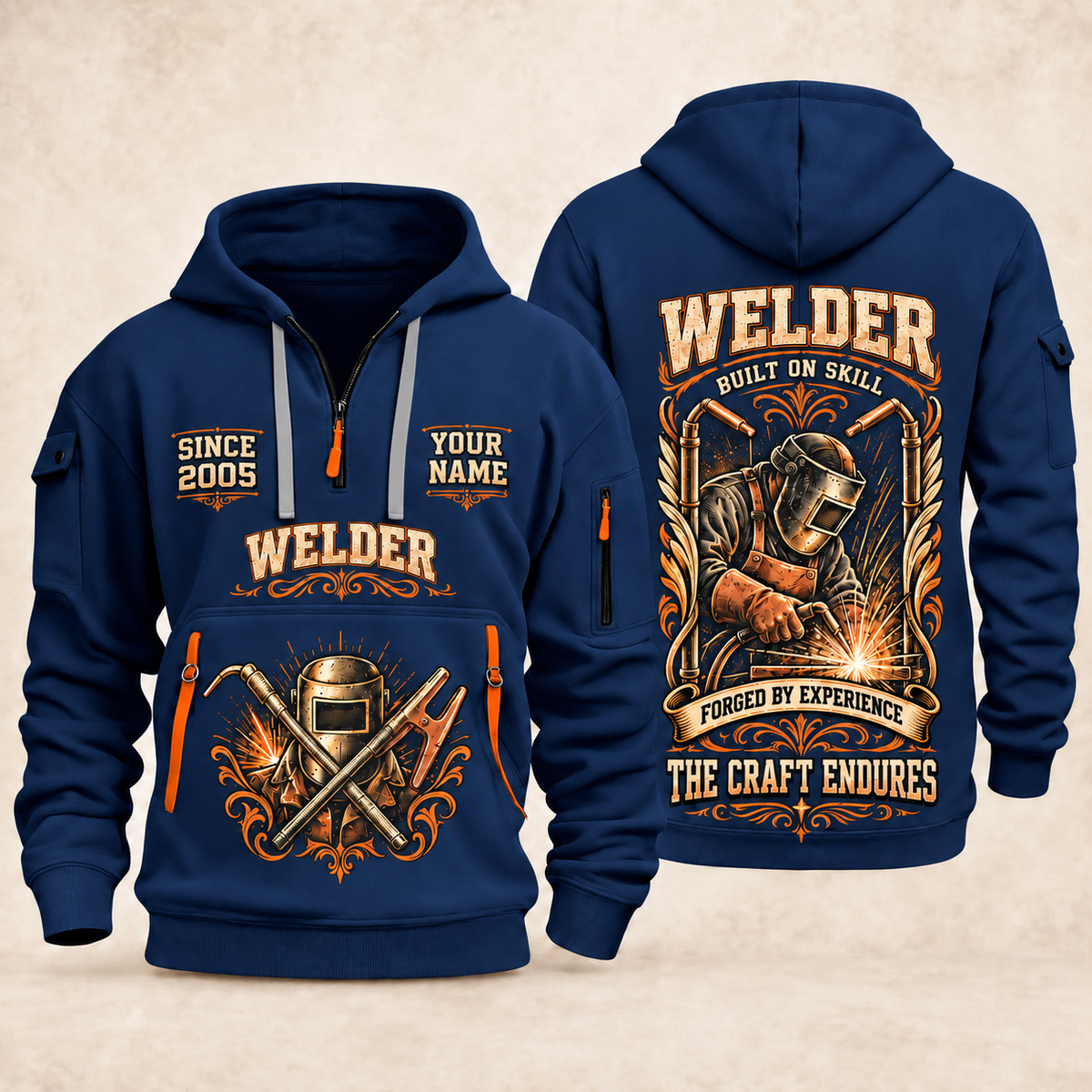 Welder Torch Wings Legacy quarter-zip hoodie in Navy, front and back, YOUR NAME and SINCE 2005 artwork