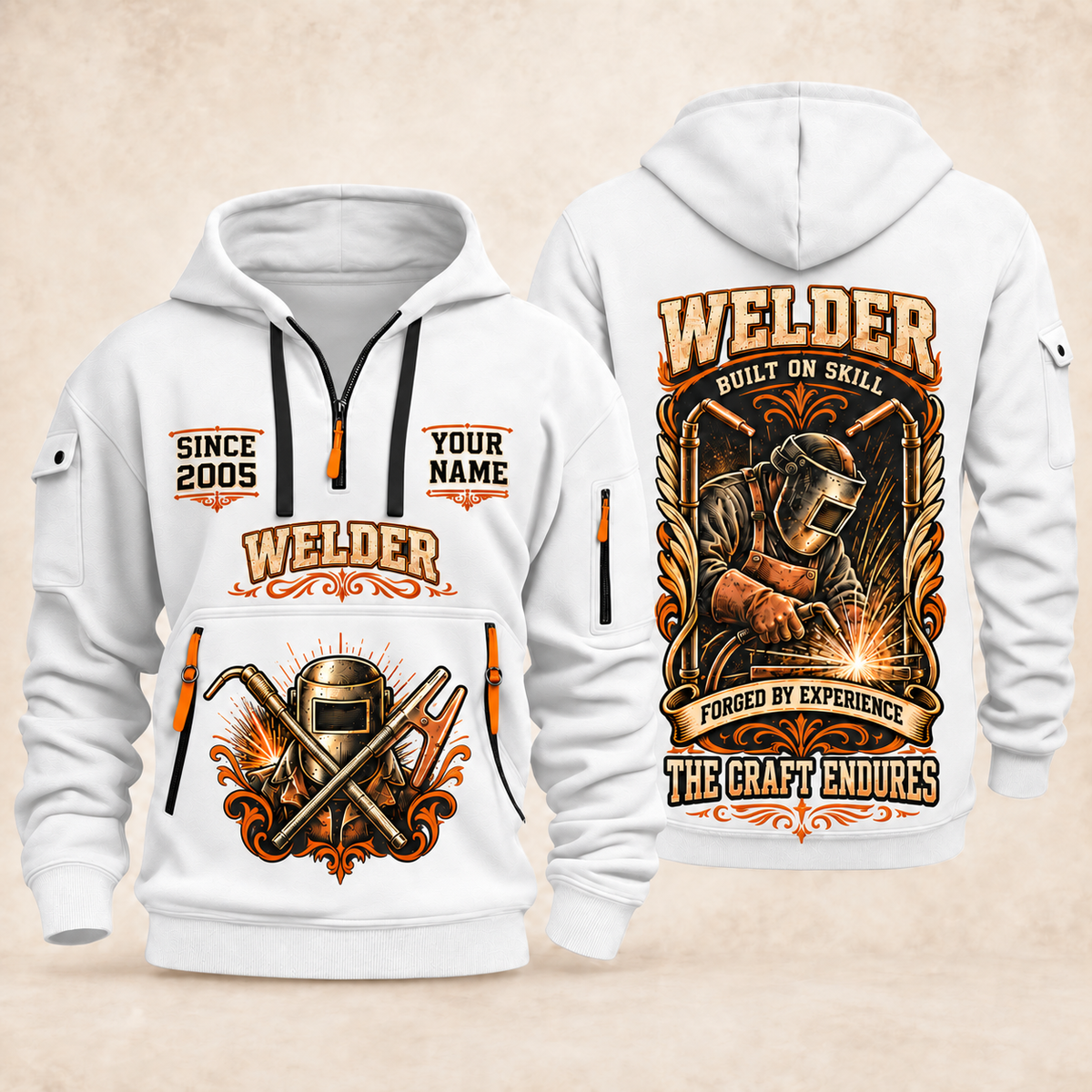 Welder Torch Wings Legacy quarter-zip hoodie in White, front and back, YOUR NAME and SINCE 2005 artwork