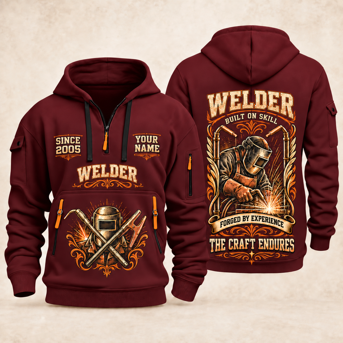 Welder Torch Wings Legacy quarter-zip hoodie in Wine Red, front and back, YOUR NAME and SINCE 2005 artwork