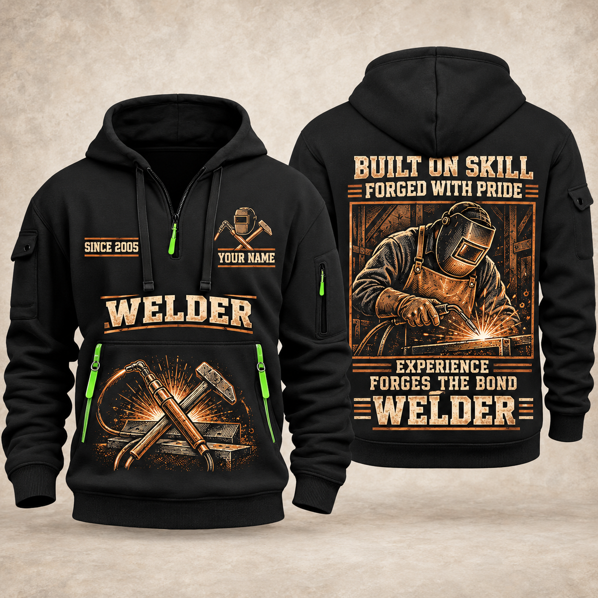 Welder Forged with Pride quarter-zip hoodie in Black, front and back, YOUR NAME and SINCE 2005 artwork