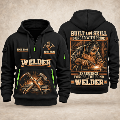 Welder Forged with Pride quarter-zip hoodie in Black, front and back, YOUR NAME and SINCE 2005 artwork