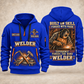 Welder Forged with Pride quarter-zip hoodie in Blue, front and back, YOUR NAME and SINCE 2005 artwork