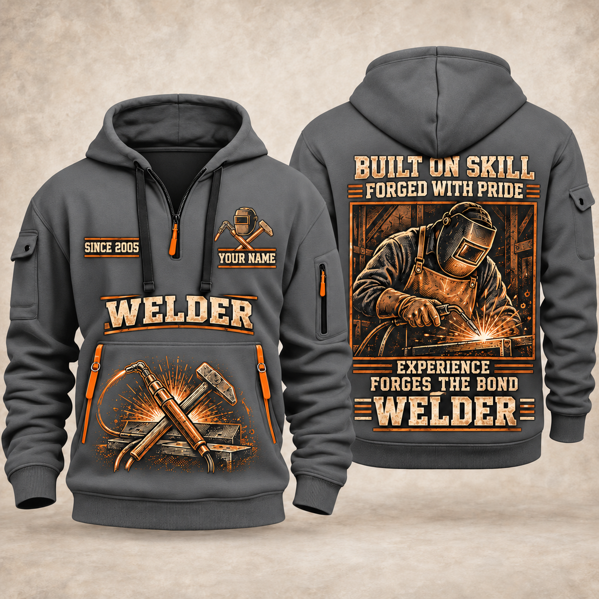 Welder Forged with Pride quarter-zip hoodie in Gray, front and back, YOUR NAME and SINCE 2005 artwork