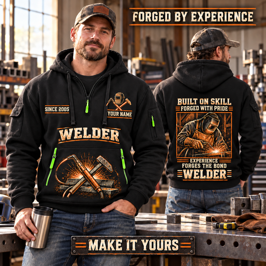 Welder wearing Forged with Pride quarter-zip hoodie in their workplace; product introduction and shopping call to action