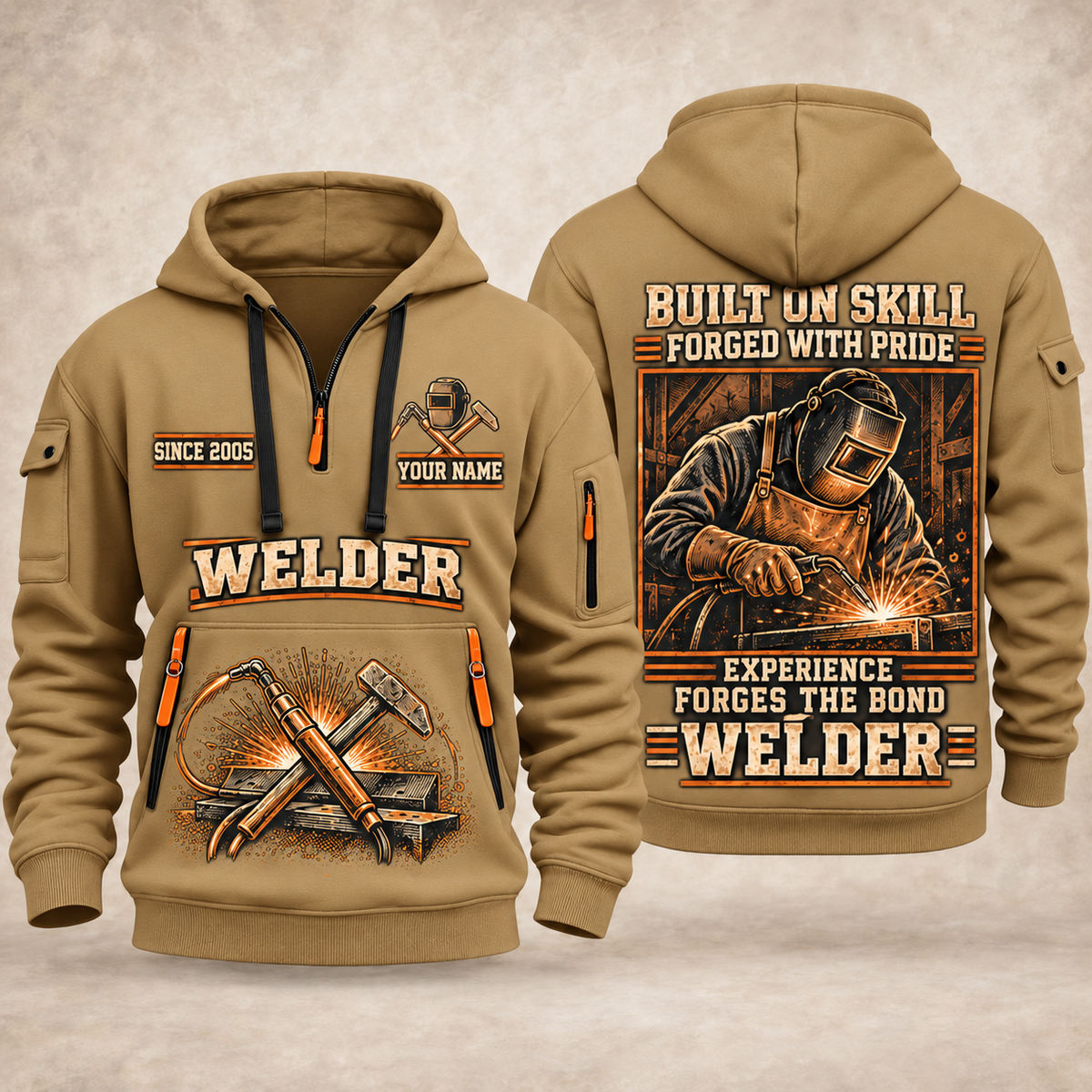 Welder Forged with Pride quarter-zip hoodie in Khaki, front and back, YOUR NAME and SINCE 2005 artwork