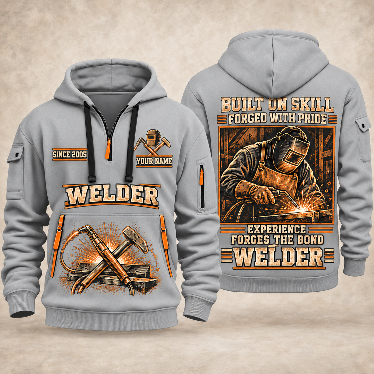 Welder Forged with Pride quarter-zip hoodie in Light Grey, front and back, YOUR NAME and SINCE 2005 artwork