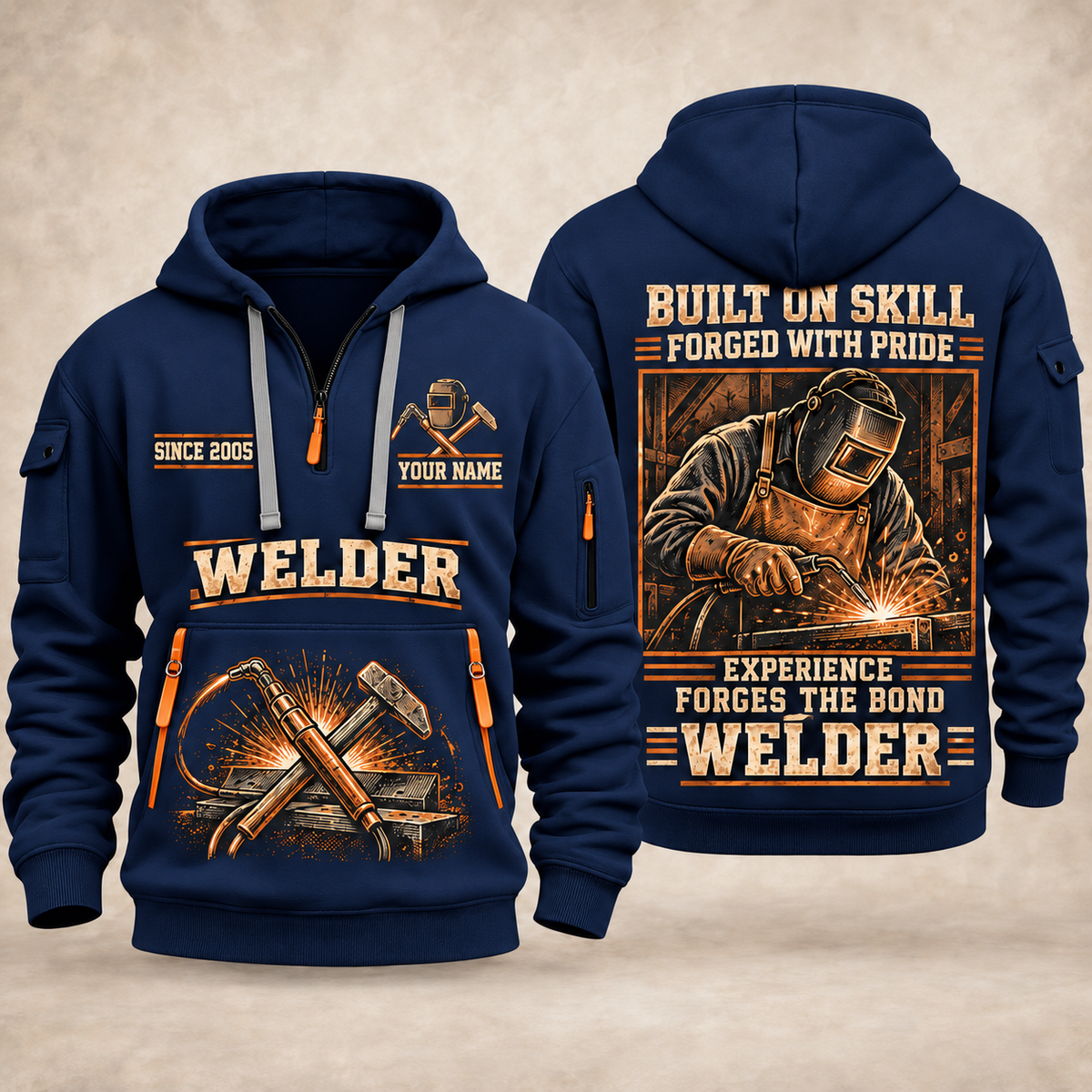 Welder Forged with Pride quarter-zip hoodie in Navy, front and back, YOUR NAME and SINCE 2005 artwork