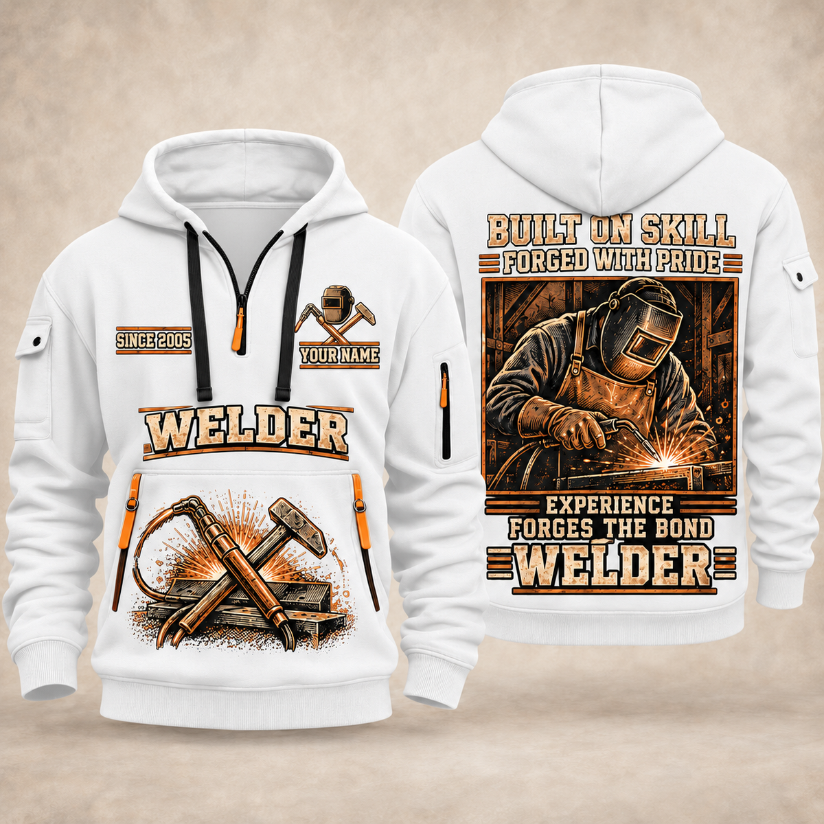 Welder Forged with Pride quarter-zip hoodie in White, front and back, YOUR NAME and SINCE 2005 artwork