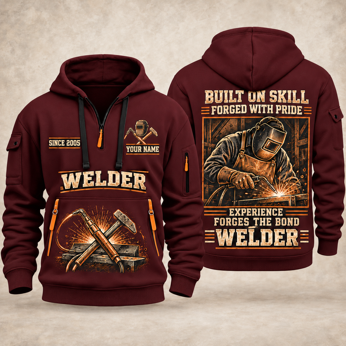 Welder Forged with Pride quarter-zip hoodie in Wine Red, front and back, YOUR NAME and SINCE 2005 artwork