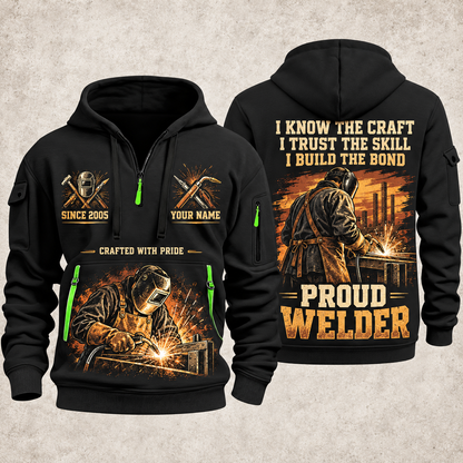 Welder Workshop Trailblazer quarter-zip hoodie in Black, front and back, YOUR NAME and SINCE 2005 artwork