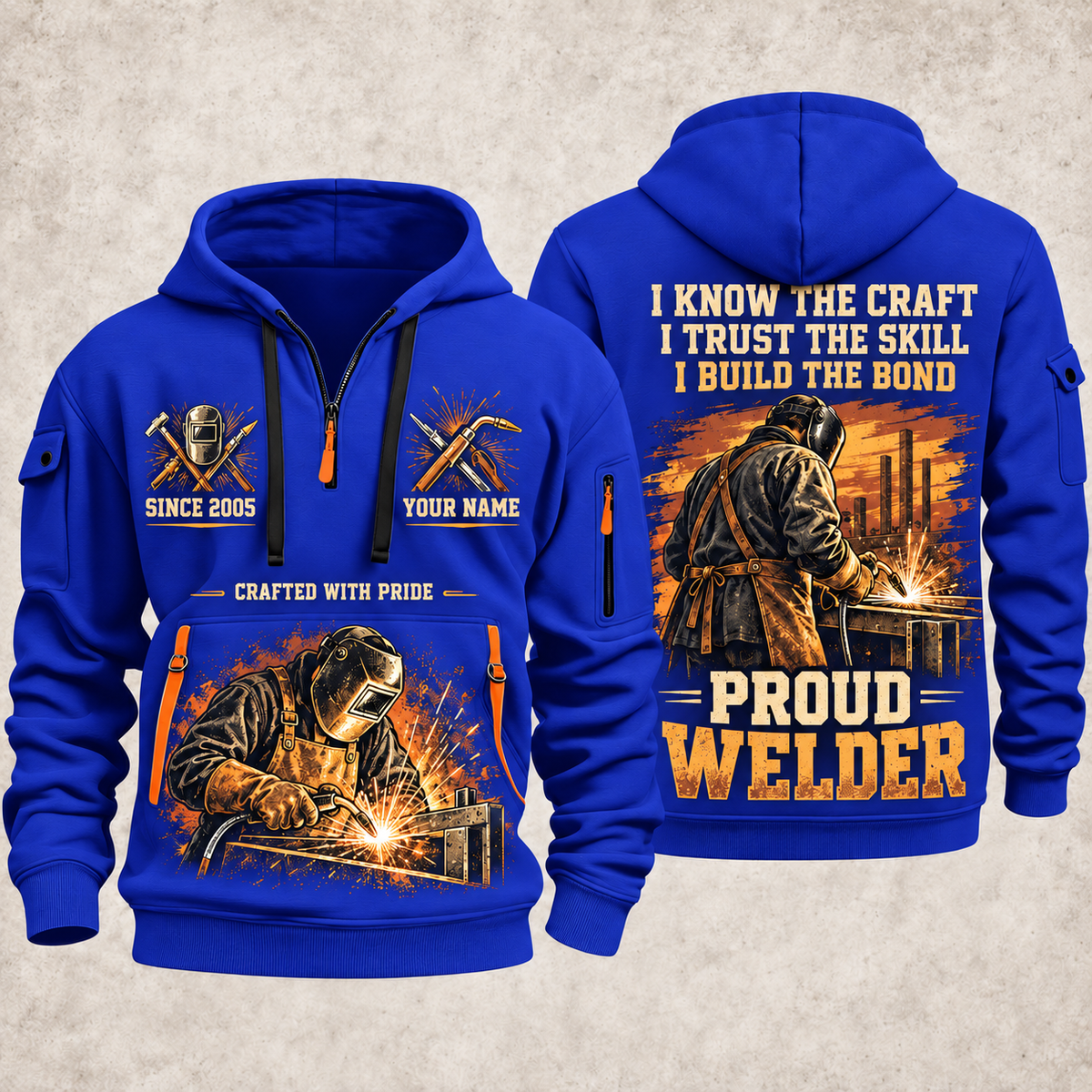Welder Workshop Trailblazer quarter-zip hoodie in Blue, front and back, YOUR NAME and SINCE 2005 artwork