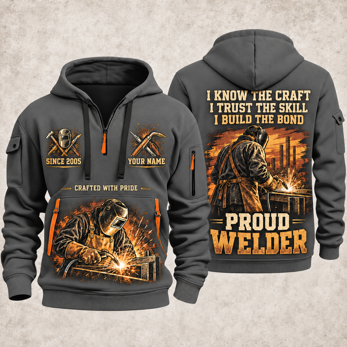 Welder Workshop Trailblazer quarter-zip hoodie in Gray, front and back, YOUR NAME and SINCE 2005 artwork