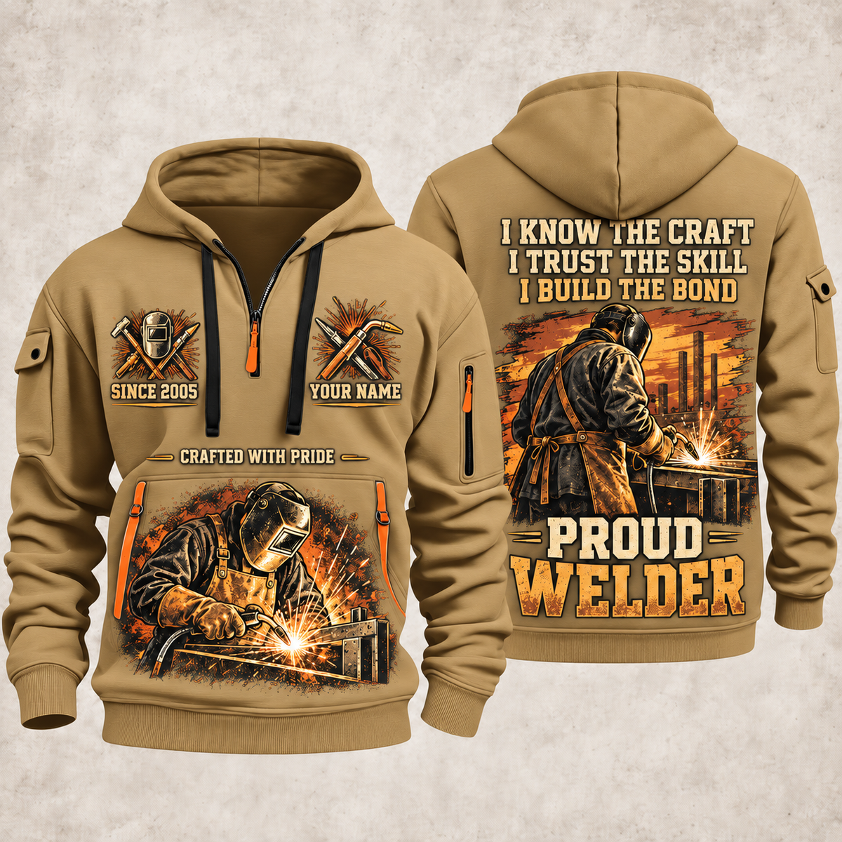 Welder Workshop Trailblazer quarter-zip hoodie in Khaki, front and back, YOUR NAME and SINCE 2005 artwork