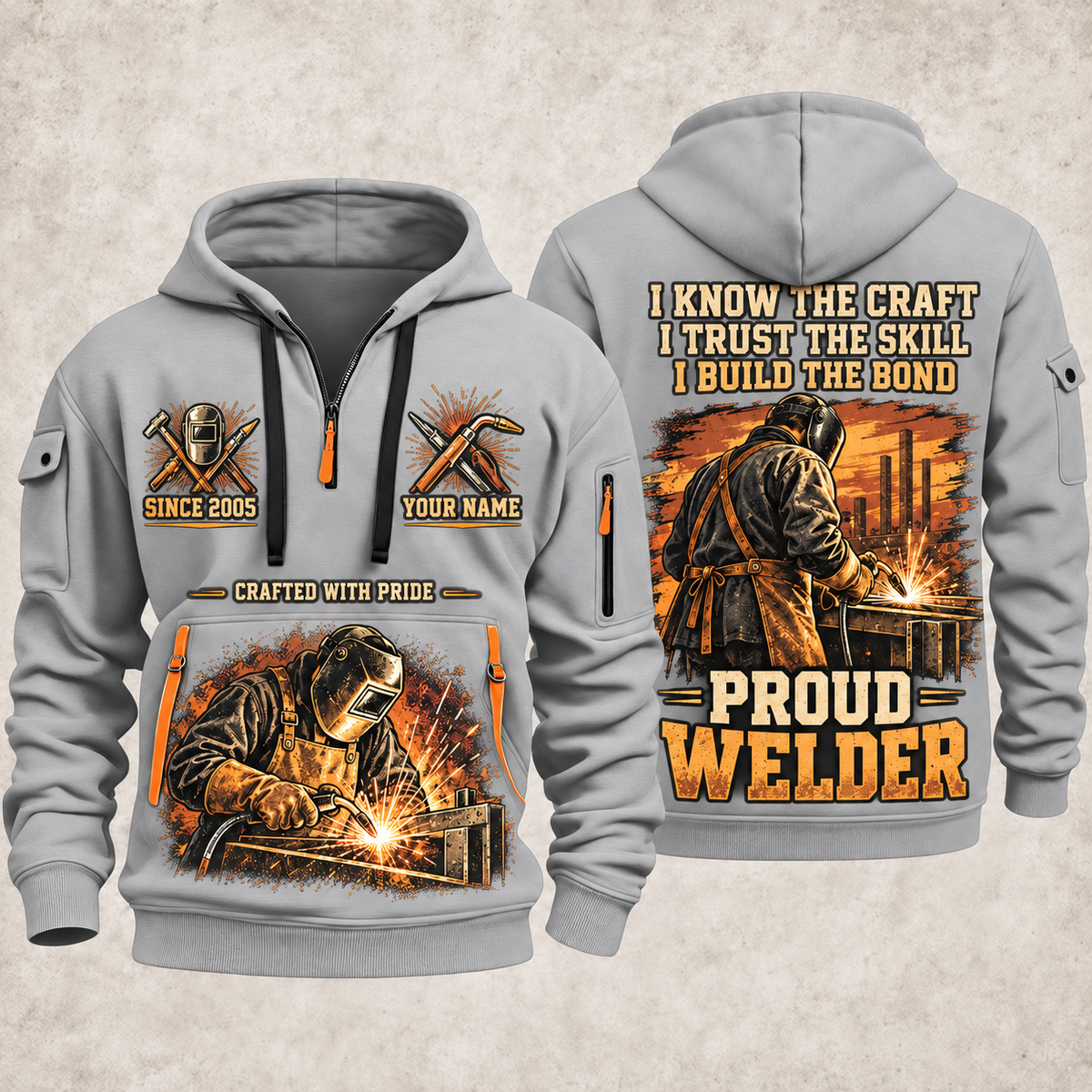 Welder Workshop Trailblazer quarter-zip hoodie in Light Grey, front and back, YOUR NAME and SINCE 2005 artwork