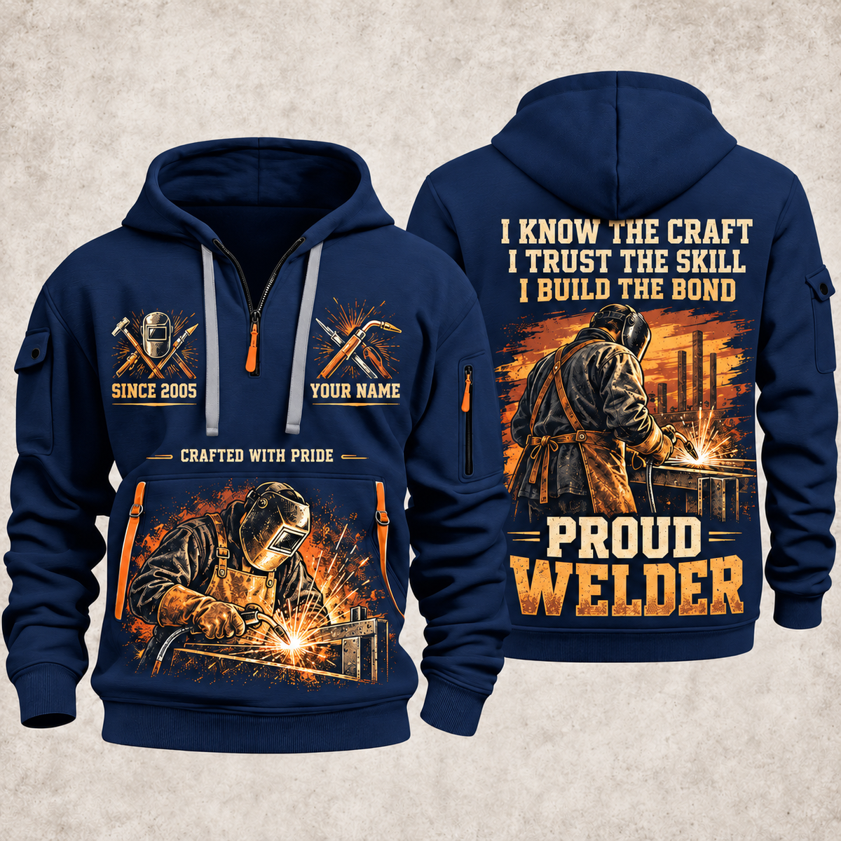 Welder Workshop Trailblazer quarter-zip hoodie in Navy, front and back, YOUR NAME and SINCE 2005 artwork