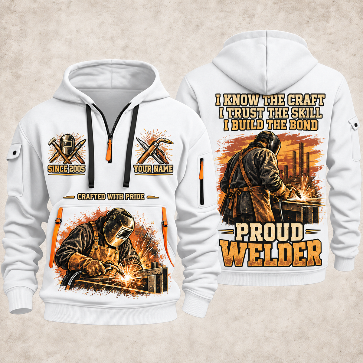 Welder Workshop Trailblazer quarter-zip hoodie in White, front and back, YOUR NAME and SINCE 2005 artwork