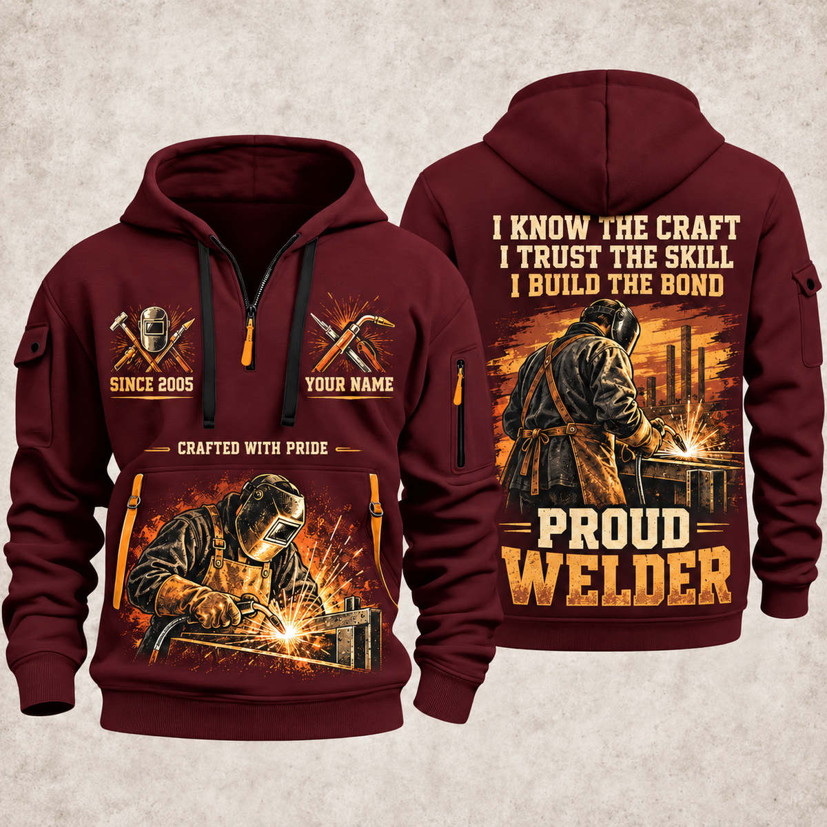 Welder Workshop Trailblazer quarter-zip hoodie in Wine Red, front and back, YOUR NAME and SINCE 2005 artwork