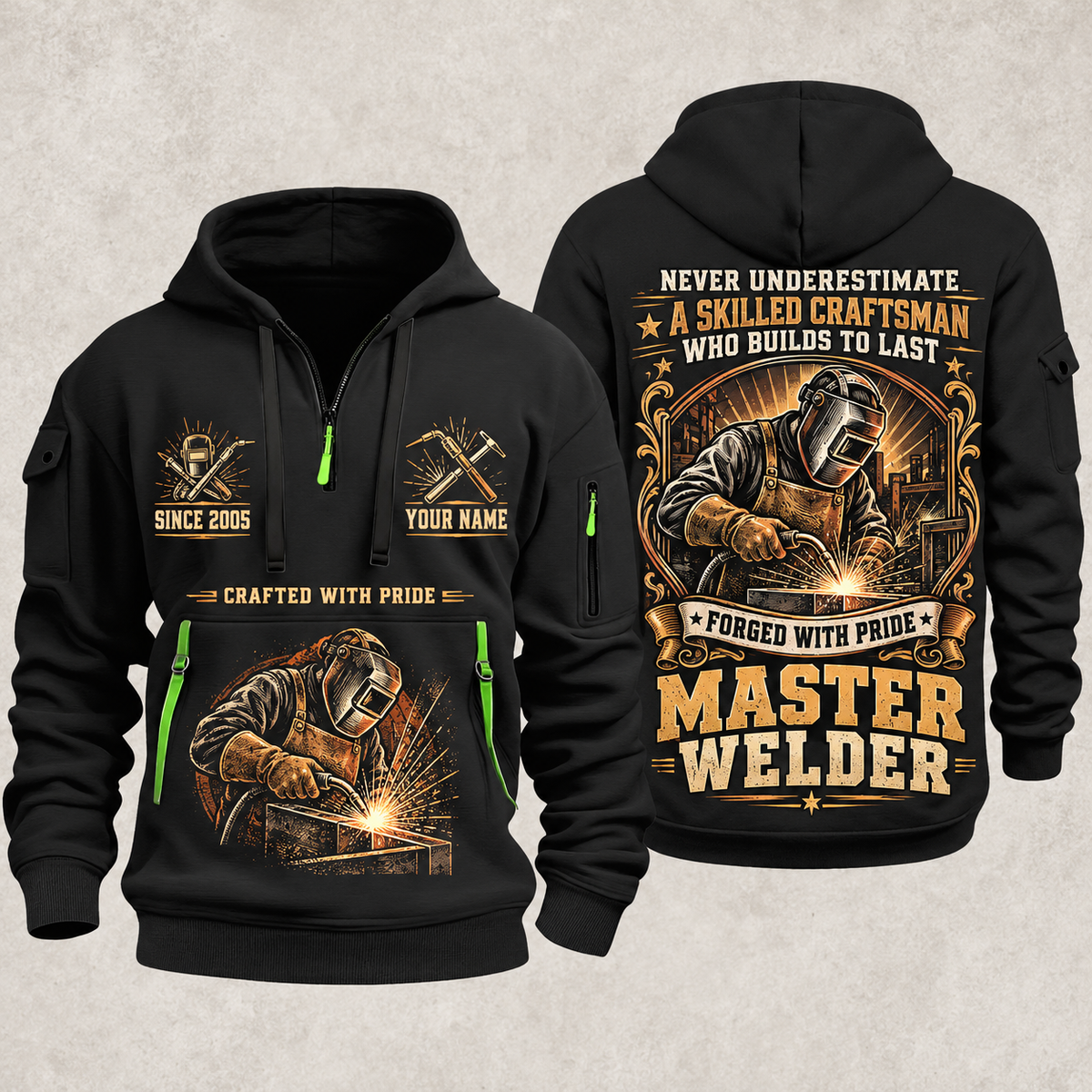 Welder Master Craftsman Wings quarter-zip hoodie in Black, front and back, YOUR NAME and SINCE 2005 artwork